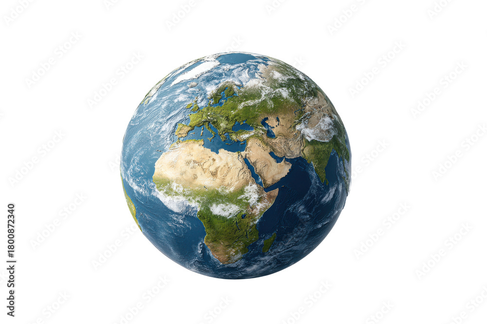 Fototapeta premium Realistic Earth globe showing continents Africa Europe Asia with clouds and oceans planet world, Png, Isolated on Transparent Background, Cut Out