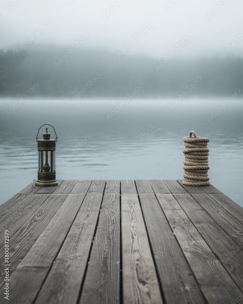 Fototapeta premium Serene Wooden Pier with Lantern and Rope on a Foggy Lake Morning