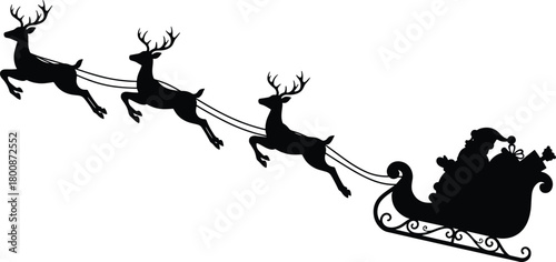 Santa Claus flying sleigh silhouette with reindeer, Christmas holiday vector illustration, festive winter scene, gift delivery, traditional seasonal design element for decoration