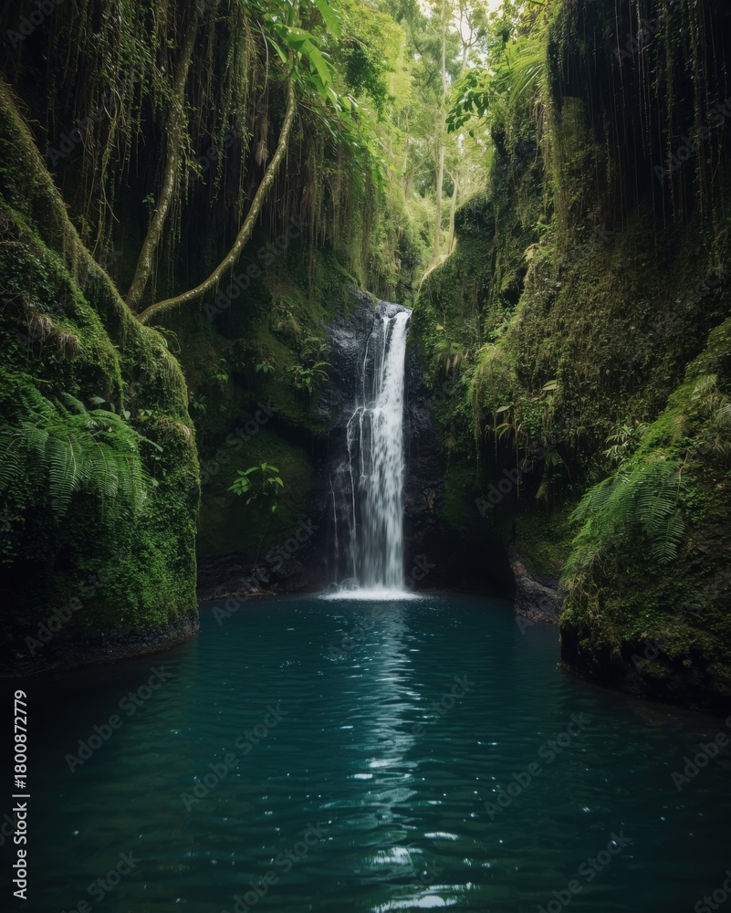 Fototapeta premium Serene waterfall cascading into a tranquil pool nestled amidst lush green foliage