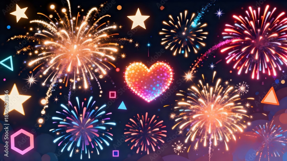 Fototapeta premium Colorful fireworks with stars and heart shapes on dark sky background