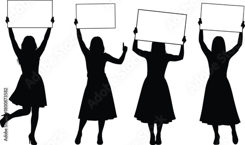 Set of women silhouettes, protesters holding blank signs, people with empty banners, female activists demonstrating, isolated vector illustration collection, copy space.