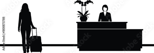 Hotel check-in silhouette, woman guest with rolling luggage approaching reception desk, receptionist at counter, travel and hospitality service, isolated vector.