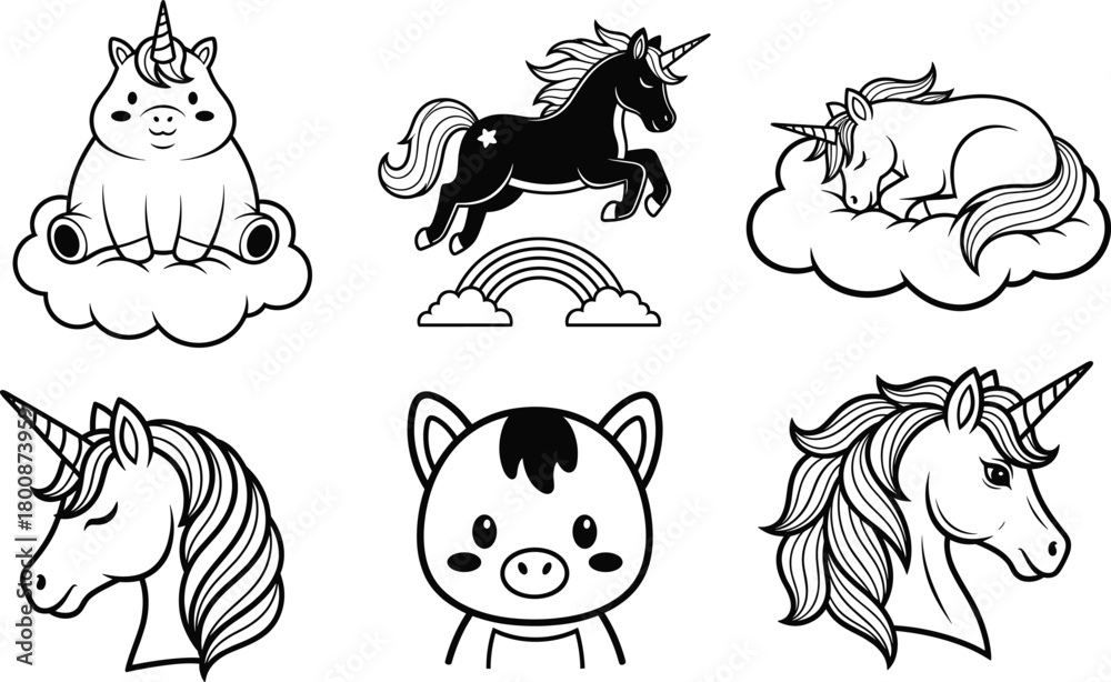 Obraz premium Cute black and white unicorn and pig vector set with cartoon style, fantasy theme, cloud, rainbow, horn, and playful expressions