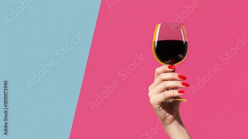 Wine Appreciation with a Vibrant Splash: A hand gracefully raises a filled glass of deep red wine against a backdrop of bold colors, inviting us to savor the moment.