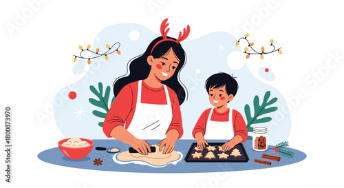 Happy mother and son in festive aprons baking Christmas cookies together at home, surrounded by holiday decorations.