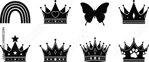 Crown and rainbow silhouette vector set featuring royal symbols, decorative icons, butterfly, heart, star, diamond, and paw print