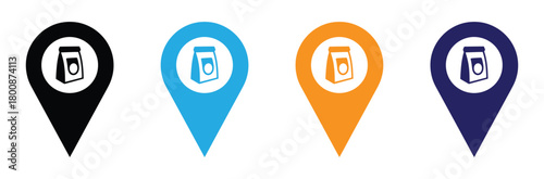 Colorful coffee location pin markers for shop finders,Shopping store location map pin pointer in black circle icon. Element of map point for mobile concept and web app. I
