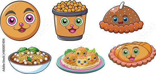 Indian Traditional Food Vector Set – Pani Puri, Pav Bhaji, Vada Pav, Chole Bhature Illustrations