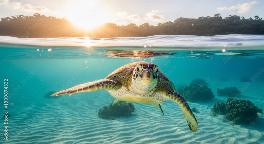 Obraz premium Sea Turtle Swimming in Tropical Ocean Water, Underwater View, Sunlight Rays