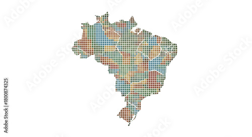 A digital mosaic map of Brazil rendered in colorful pixels with distinct state outlines, showcasing a modern geographic representation.