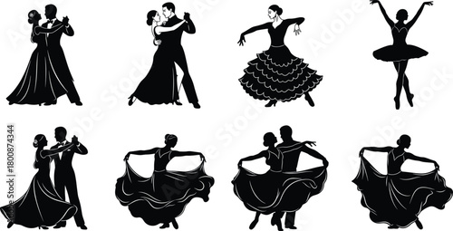 Dance silhouette vector set featuring ballroom, flamenco, and ballet poses with elegant movement, costume detail, and expressive posture art