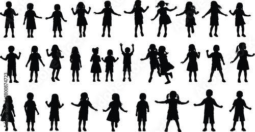 Large set of children silhouettes, boys and girls standing, various poses, front view, kids playing, isolated vector illustration.