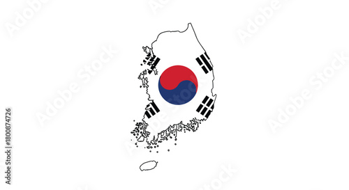 The map outline of South Korea featuring the national flag's Taegeuk symbol and four black trigrams on a white background, representing the country's identity.