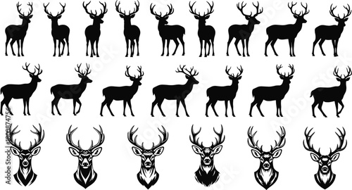 Deer stag silhouette vector set with antlers, wildlife animal illustration for logo, hunting, forest, nature, emblem, design use