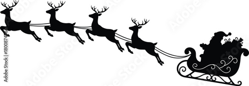 Santa Claus riding sleigh pulled by flying reindeer silhouette, Christmas holiday vector illustration, festive winter season design for greeting cards, decor and celebration themes