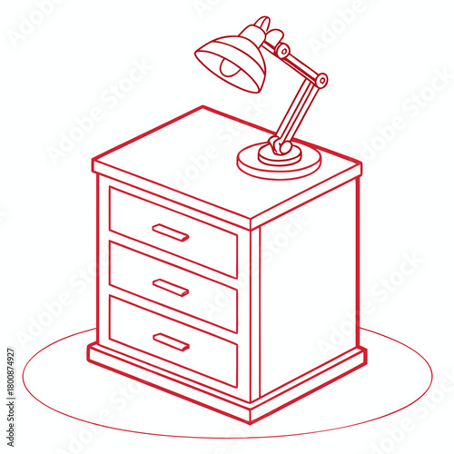 A captivating line art illustration showcases a bedside table adorned with a lamp, set against a isolated on
