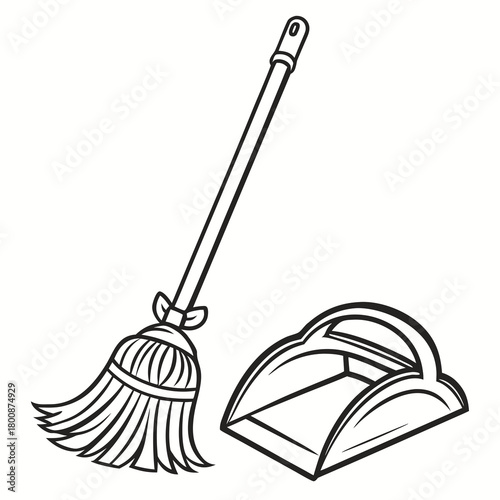 Illustration of a broom and dustpan, essential cleaning tools for maintaining cleanliness in homes and workplaces, isolated on