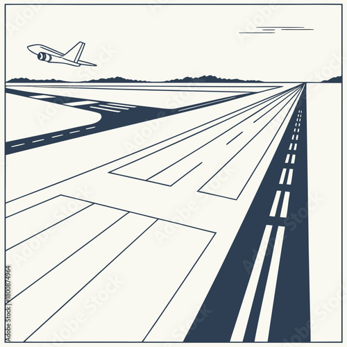 A captivating line art illustration showcases an airplane gracefully taking off from a runway, set against a backdrop of distant mountains and a clear sky isolated on