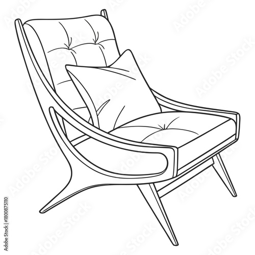 A line drawing of a midcentury modern chair with a pillow isolated on the chair has a curved back and arms, and the pillow is plump and inviting