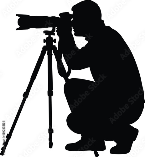 Photographer silhouette crouching, man looking through a professional camera with a large telephoto lens on a tripod, isolated vector illustration.