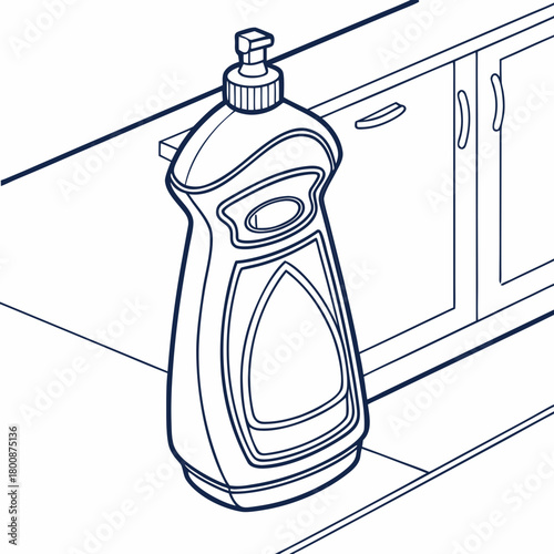 Illustration of a dish soap bottle on a kitchen counter, showcasing its placement in a typical household setting, ideal for cleaning product advertisements and home organization visuals