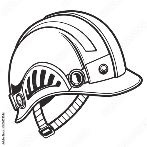 Illustration of a white construction helmet with a black outline, isolated on safety equipment for construction workers and industrial professionals