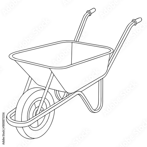 Illustration of a white wheelbarrow with a black outline, isolated on equipment for construction workers and industrial professionals