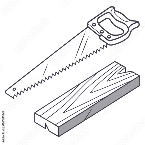 Illustration of a hand saw cutting through a piece of wood, showcasing the tools functionality and precision in woodworking, isolated on