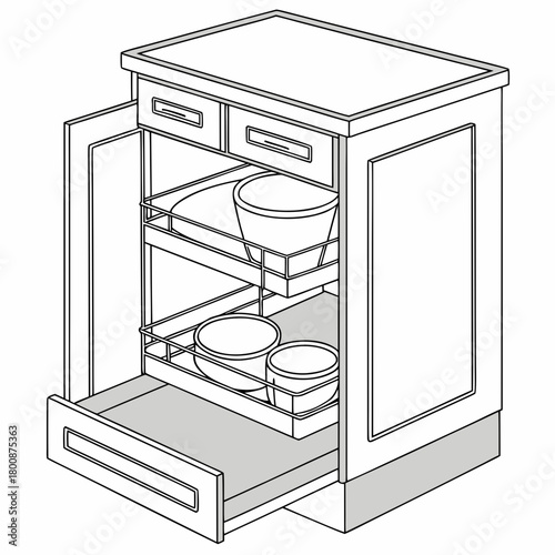 Illustration of a kitchen cabinet with open doors and a pullout drawer, revealing shelves filled with bowls, isolated on the cabinet is white with a gray interior