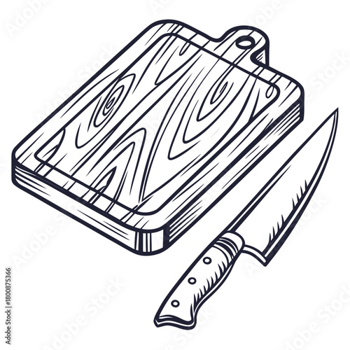 A handdrawn illustration of a wooden cutting board and a knife, isolated on, perfect for culinary themes, cooking blogs, or kitchenrelated designs