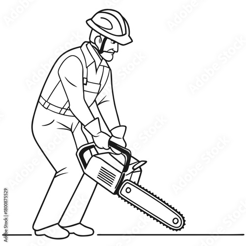 A black and white line drawing of a lumberjack holding a chainsaw, wearing a hard hat and protective gear, ready to cut wood isolated on