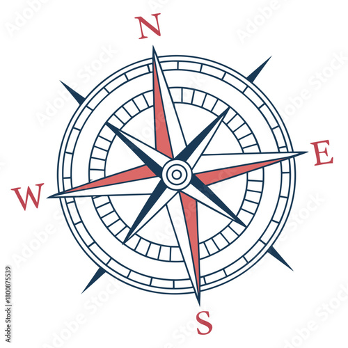 A compass rose in red and blue with the cardinal directions labeled, pointing north, south, east, and west isolated on