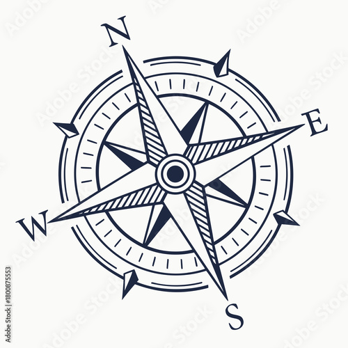 A black and white compass rose with the cardinal directions labeled, pointing north, south, east, and west isolated on