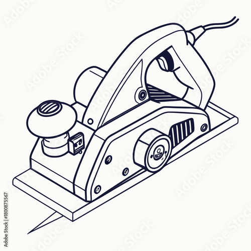 Detailed line drawing of an electric planer, showcasing its design and functionality, perfect for woodworking and construction related projects isolated on