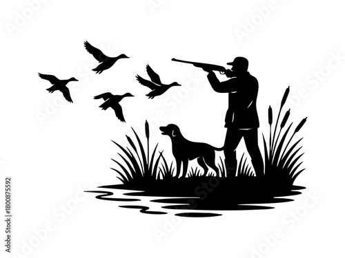 Hunter dog ducks wetland silhouette, man aiming shotgun, flying birds, retriever, reeds, water, outdoor adventure, wildlife, rustic style, black white.