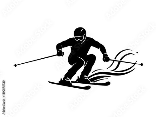 Dynamic skier racing downhill fast, minimal black silhouette on white, capturing speed, precision, winter sport energy, and adventurous outdoor activity.