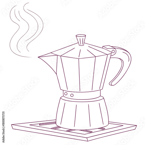 Illustration of a moka pot on a stove with steam rising, isolated on the moka pot is a classic italian coffee maker, perfect for brewing rich, flavorful coffee