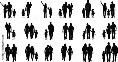 Large collection of family and couple silhouettes, parents walking with children, holding hands, father carrying child, isolated vector illustration set.