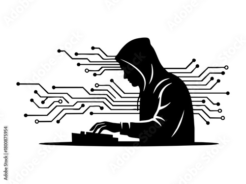 Hacker silhouette digital circuit connections represent cybersecurity, hacking risks, and technology threats in a modern, minimal, black and white vector style.