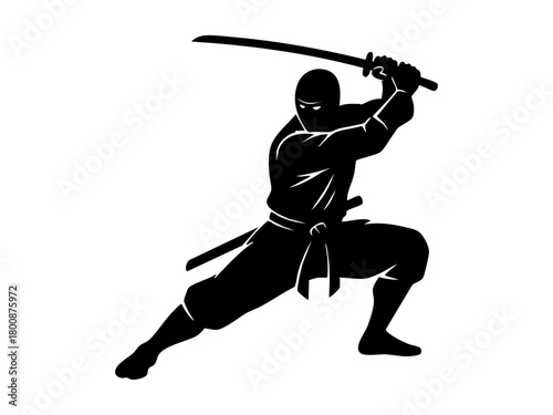 Dynamic ninja silhouette leaping action, martial arts figure with sword, bold black lines, minimal style, energetic and dramatic visual impact.