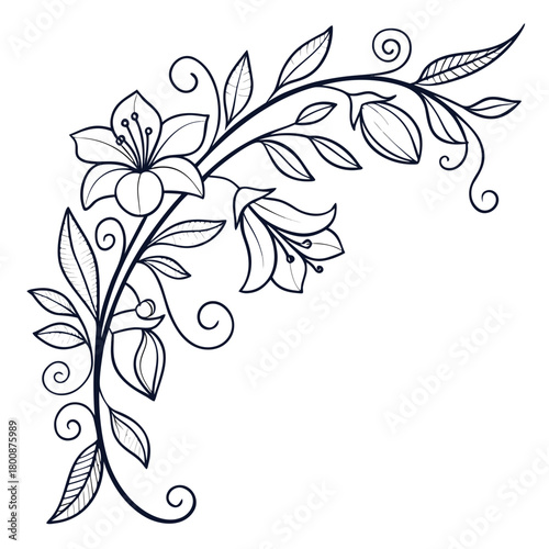Delicate floral corner design isolated on, showcasing blossoming flowers and winding tendrils, adding a touch of natural beauty to your projects