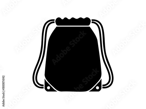 Minimal black drawstring gym bag silhouette, simple white background, perfect for sports, travel, youth branding, and modern promotional designs.