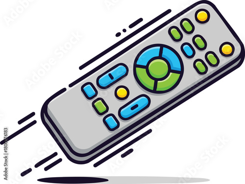 Pixel Art Television Remote Control Flying With Speed Lines Motion Blur Effect And Shadow Against White Background