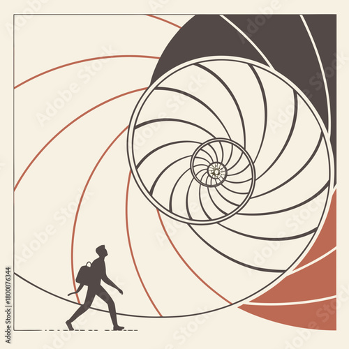 Abstract illustration of a person walking towards a large nautilus shell spiral, symbolizing journey, growth, and the beauty of mathematical patterns in nature