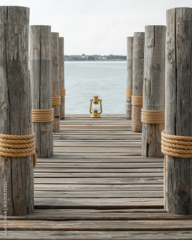 Fototapeta premium Wooden pier with nautical posts and a vintage lantern overlooking a serene lake view