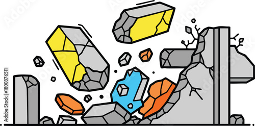 Colorful Rocks Falling From Cracked Wall In Action And Motion