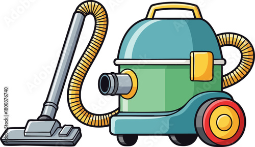 Retro Style Teal And Green Vacuum Cleaner With Yellow Hose And Red Wheels On White Background