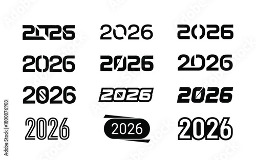 Collection of diverse stylized 2026 year numbers in black and white for graphic design and celebration