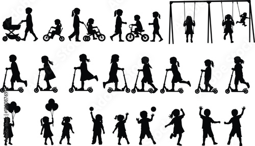 Large set of children silhouettes, kids playing, riding scooter, bicycle, on playground swings, holding balloons, pushing pram, vector illustration.
